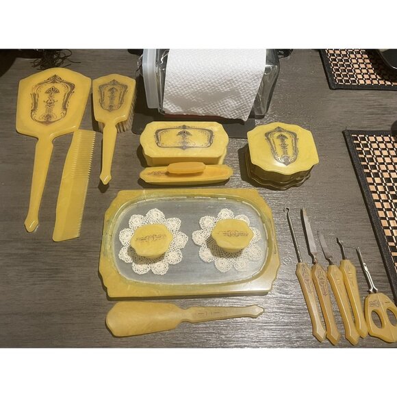 Vintage Yellow Celluloid Vanity Dresser Set With Mirror Brush Comb Nail Tools Po - Picture 2 of 12